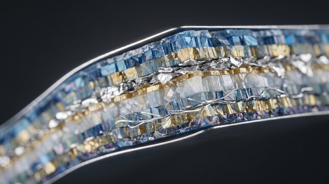 Extreme close-up macro photography of a cross-section of a futuristic solid-state battery  
