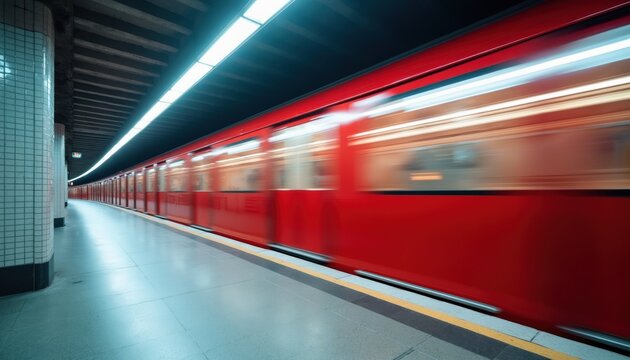 Red subway train blurs past a modern underground station platform, bright lights streak across the carriage windows. The fast-moving public transport vehicle approaches the tunnel entrance on rails.
