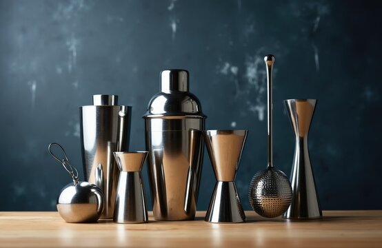 Collection of stainless steel bar tools includes shakers jiggers strainer and spoon. Pro mixology equipment set arranged on wood surface. Barware for making cocktails.