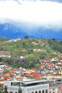View of the surrounding mountains of National park Tomorr from Berat, Albania