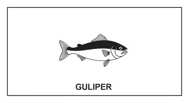 GULIPER Fish Illustration: Black and White Line Art, Simple Vector Drawing, Seafood Concept