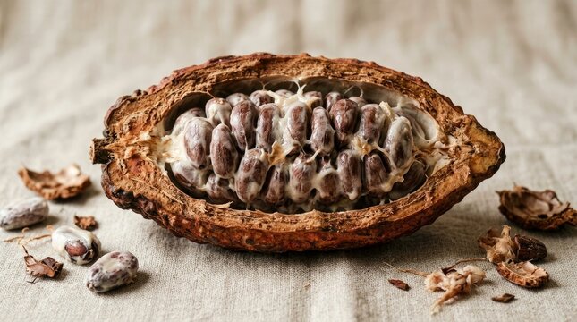 Open cacao pod revealing beans on a neutral background