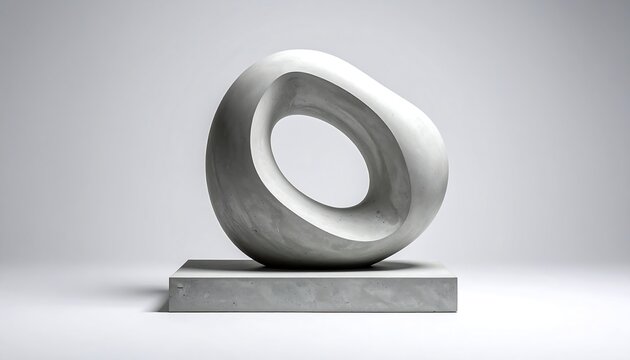 A sculpture of a smooth, gray, toroidal shape on a rectangular base