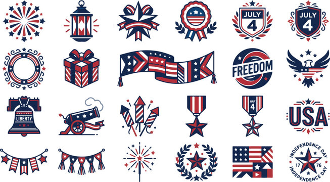 July 4th Independence Day patriotic icons set with eagle cannon and flag vector