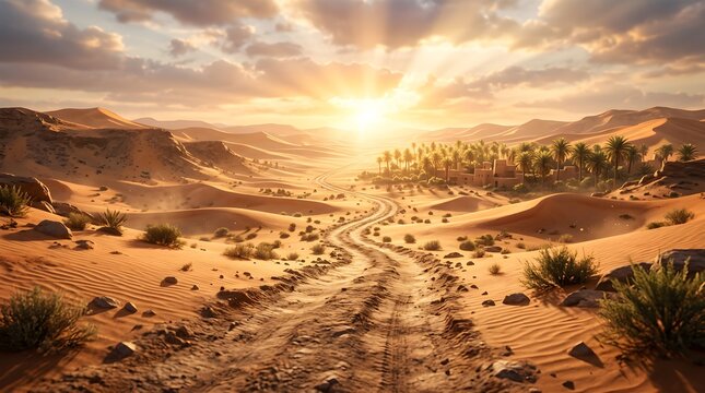 Sunlit Desert Path Through Sand Dunes