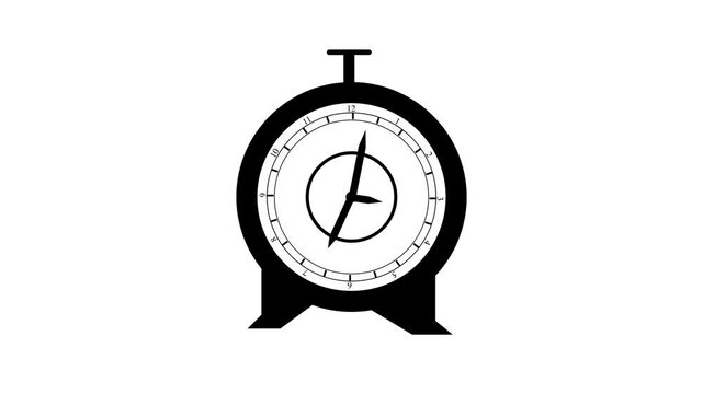 Alarm clock silhouette with Roman numerals on white background. Time management symbol for morning deadline schedule. Animated clock graphic for office.