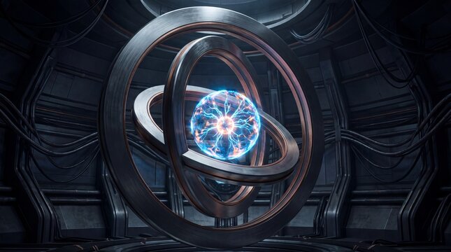 Gyroscope mechanism glows with intense blue light inside a dark metallic industrial research facility.