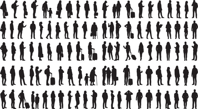 100 Unique Black Vector Silhouettes: People & Lifestyles, Waiting in Queues & Service Line Activities, Mega Pack for Commercial Use