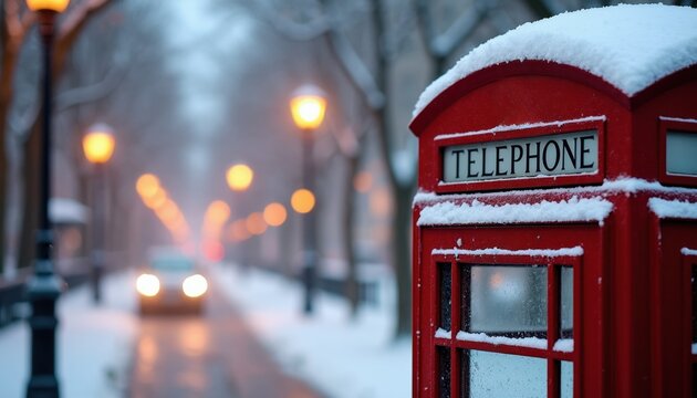 Red telephone booth covered in snow on a city street at night. Streetlights glow, car lights appear on wet road. Winter evening in urban setting.