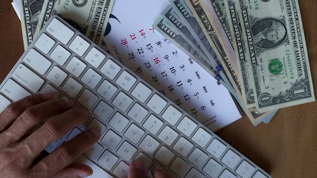 Close up diagonal or tilted top down shot of hand finger Asian male typing on modern computer wireless keyboard with US dollar money around it