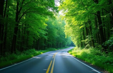 Fototapeta premium Curved asphalt road leads through dense green forest. Sunlight filters through tall trees creating dappled shadows on the highway. Lush vegetation lines the path.