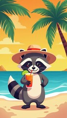 Obraz premium Cartoon raccoon enjoys tropical beach drink wearing hat. Summer vacation scene with ocean, sand, palm trees, and ocean waves. Relaxing holiday vibes.