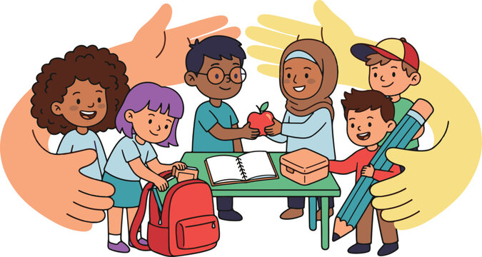 Diverse children learning together with supportive hands