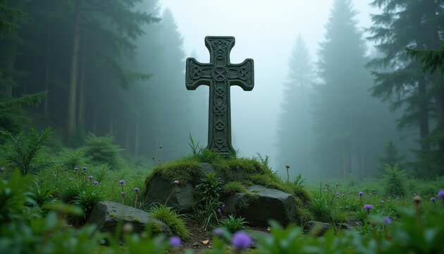 Ancient Celtic cross stands on mossy rocks in a misty pine forest. Small purple flowers bloom around the stone marker. Green foliage and tall trees surround the serene, solemn scene.