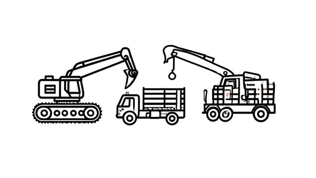 Technical line-art icon suite featuring industrial chainsaws and timber transport for resource management media.