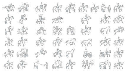 Collection of line art icons depicting various equestrian activities and horse breeds, including jumping, riding, and different gaits. © handaka