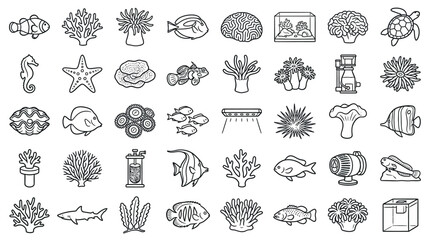 Collection of hand-drawn line art icons representing various marine life and underwater elements. © handaka