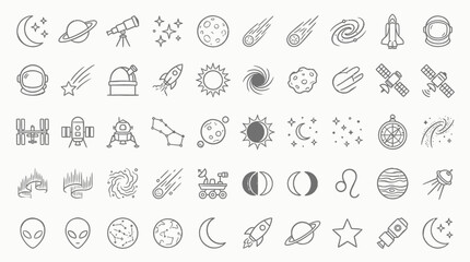 Collection of Space and Astronomy Icons Featuring Planets, Stars, Rockets, and Galaxies. © handaka