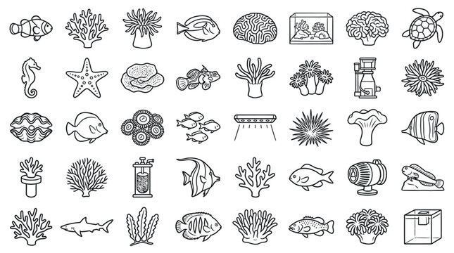 Collection of hand-drawn line art icons representing various marine life and underwater elements.