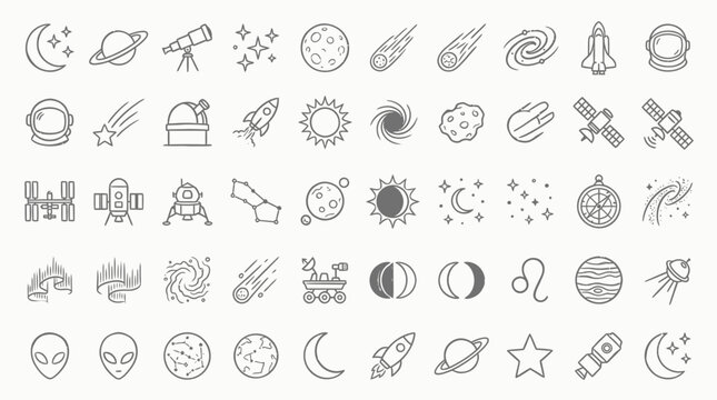 Collection of Space and Astronomy Icons Featuring Planets, Stars, Rockets, and Galaxies.