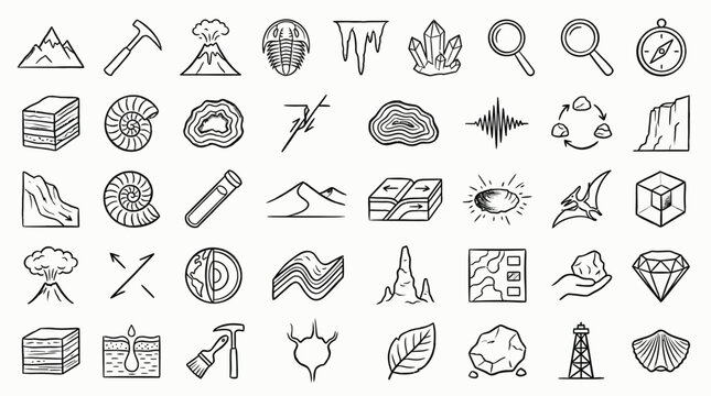 Collection of hand-drawn icons representing geology, earth science, and natural elements.
