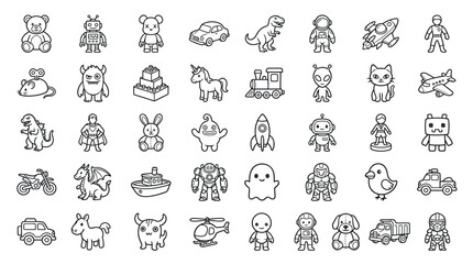Collection of various cartoon-style line art icons representing toys and characters. © handaka