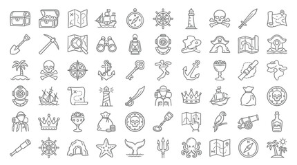 Collection of pirate-themed icons and symbols, including treasure chests, maps, ships, and compasses, presented in a clean line art style. © handaka
