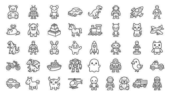 Collection of various cartoon-style line art icons representing toys and characters.