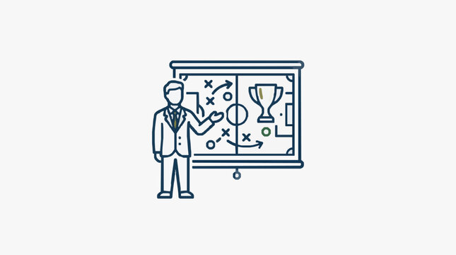 Coach presenting soccer strategy on a whiteboard with trophy.