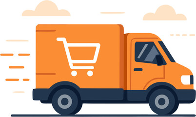 An orange delivery truck with a shopping cart logo speeding along, representing fast e-commerce shipping and logistics. © cemoro