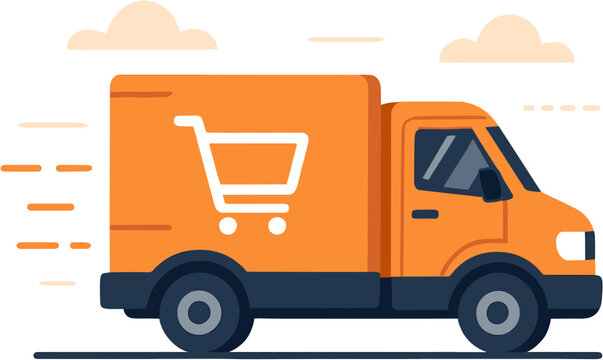 An orange delivery truck with a shopping cart logo speeding along, representing fast e-commerce shipping and logistics.
