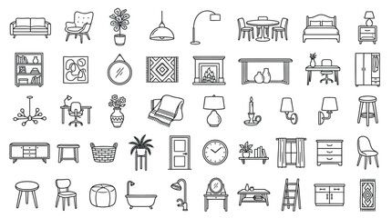 Fototapeta premium Collection of hand-drawn furniture and home decor icons in a clean line art style.