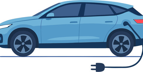 Fototapeta premium A blue electric car is plugged into a charging station, illustrating sustainable transportation and the future of automotive technology.