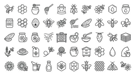 Collection of bee and honey related icons in a simple line art style. © handaka