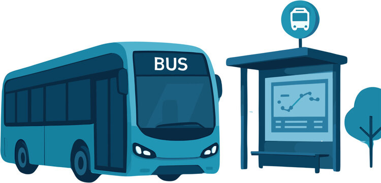 A blue bus is parked next to a bus stop with a schedule displayed on the screen, and a tree in the background.