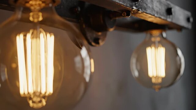 Industrial style lighting fixture with vintage edison light bulbs hanging from a dark metal beam