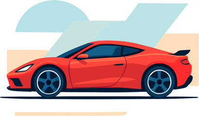 Naklejka premium Vibrant red sports car vector illustration in profile with a sleek design and blue wheel accents, set against a minimalist background.