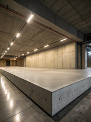 Obraz premium A large empty concrete stage in a modern industrial building with bright overhead lighting