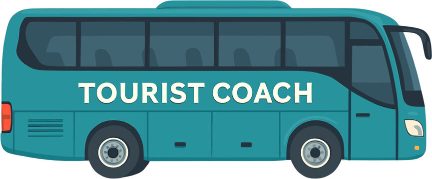 An illustration of a teal tourist coach bus with 'TOURIST COACH' written on its side, depicted in a flat design style.