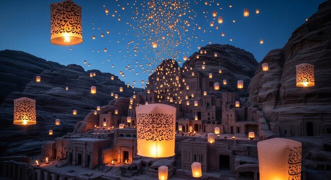 A Spectacular Magical Night View of a Floating Lantern Festival over an Ancient Stone City and Rocky Canyon Landscape