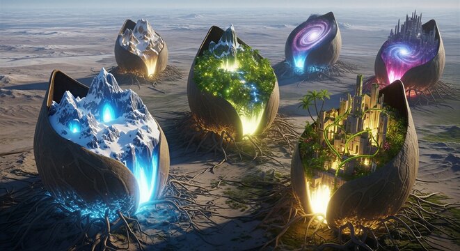 A Spectacular Fantasy Art of Six Giant Ancient Seed Pods Opening to Reveal Mini Ecosystems, Elements, and Mythical Biomes Inside