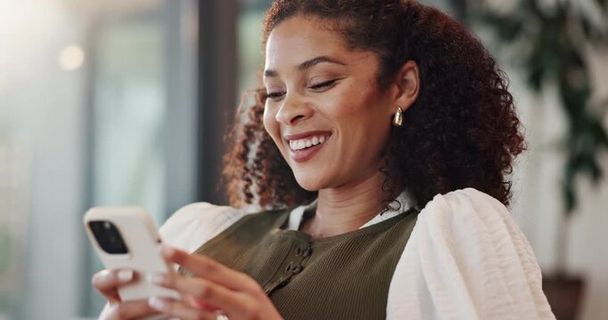 Smile, woman and relax in home with phone, social media and browsing website in living room. Happy, female person and reading at house with mobile, communication and download ebook for weekend break
