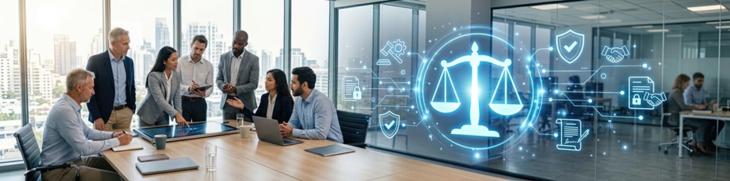 Legal team collaboration in modern office space business meeting professional environment urban setting corporate viewpoint law and justice concept