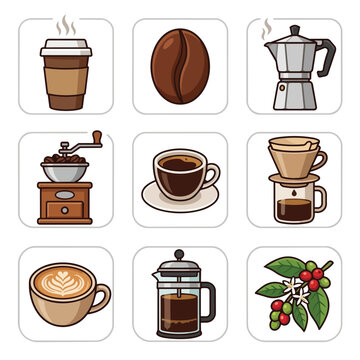 Collection of coffee related icons and illustrations.