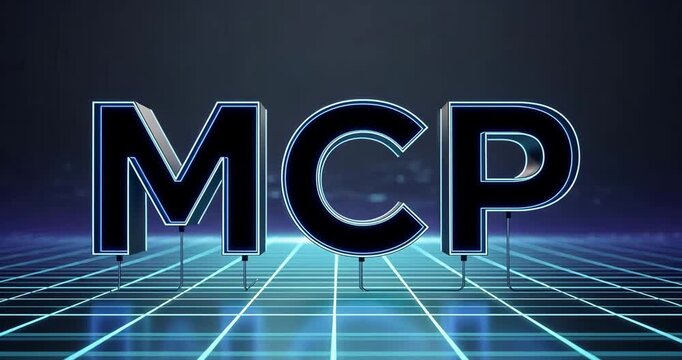 Matte black MCP text with neon outlines on cyan grid, MCP server, protocol network communication routing