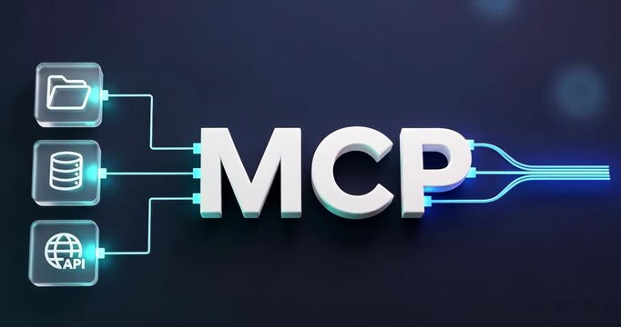Frosted glass data input modules connecting to white MCP text, MCP server, protocol network flow schematic