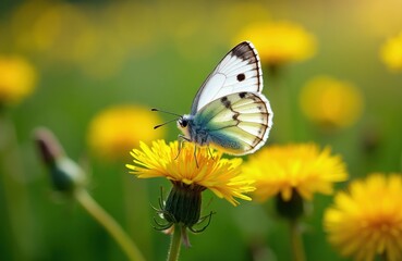 Fototapeta premium White and green butterfly rests on yellow dandelion flower. Close-up macro shot shows insect on bloom during sunny day. Nature background with soft bokeh effect.
