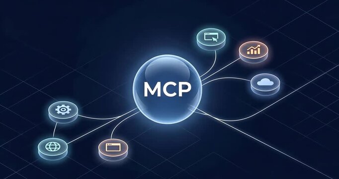 Glowing glass sphere with MCP text and utility icons, MCP server, protocol network connectivity model