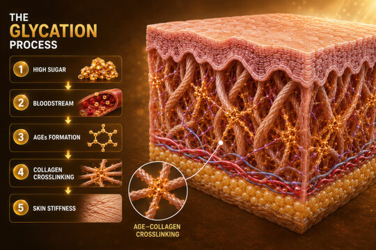 Glycation process illustrates aging mechanisms affecting skin health, highlighting how high sugar levels lead to collagen crosslinking and skin