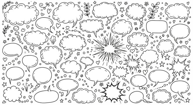 Black and white illustration of various comic book style speech bubbles and thought clouds with hearts stars and other decorative elements